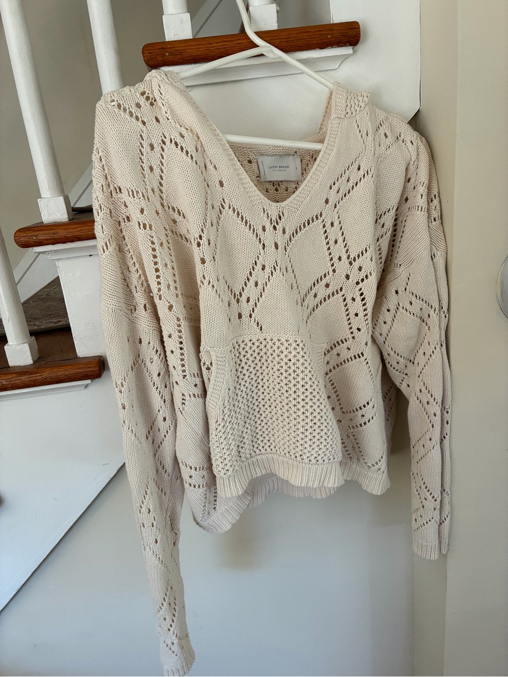 Lucky Brand Cream Open-Knit V-Neck Hoodie Sweater
